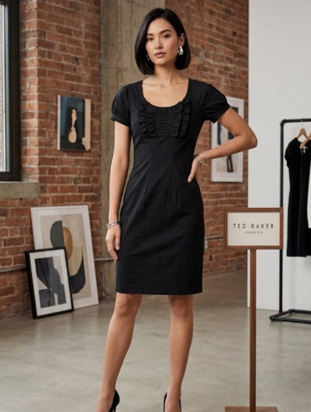 TED BAKER BLACK LITTLE BLACK DRESS WITH RUFFLES ON CHEST SIZE 3